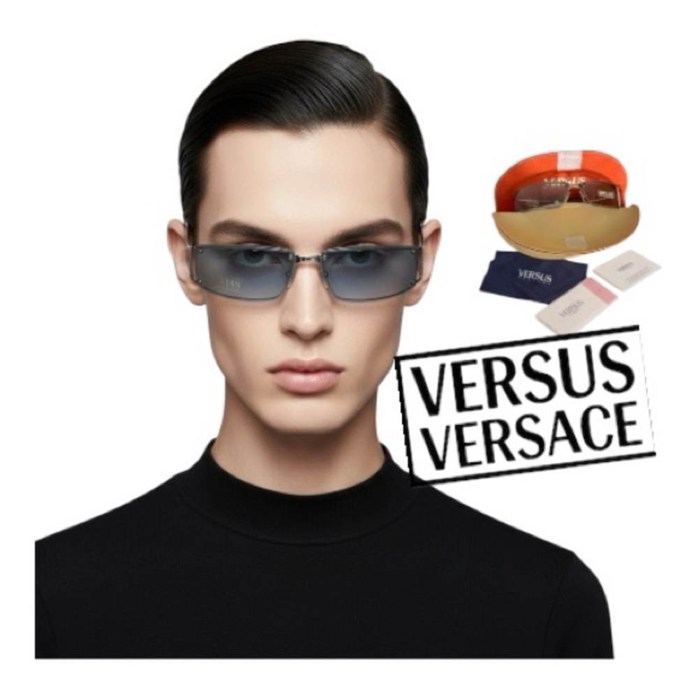 Versus Versace Vintage Y2K Silver Rimless Rectangle Sunglasses Italy Matrix New